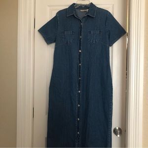 Vintage Denim Long Maxi Dress 100% Cotton Button Front Small